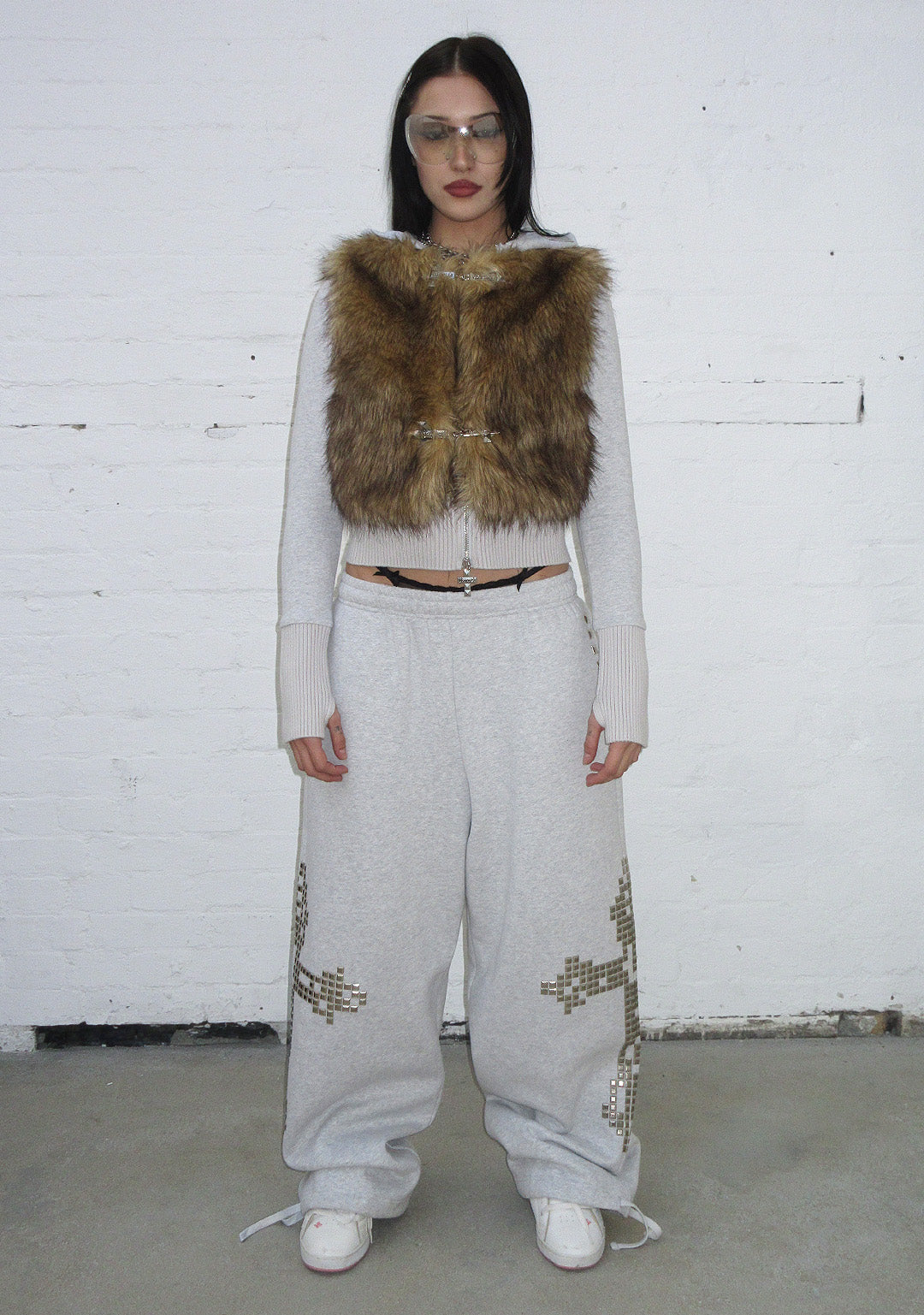 FAITHFUL FAUX FUR VEST AND FITTED ZIP HOODIE TWO PIECE SET GREY MARL