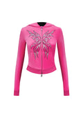 IDOL RHINESTONE VELOUR FITTED ZIP HOODIE HOT PINK