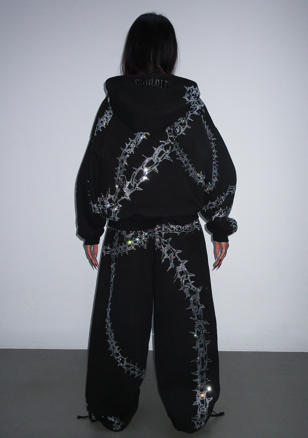OMEN RHINESTONE ZIP HOODIE BLACK